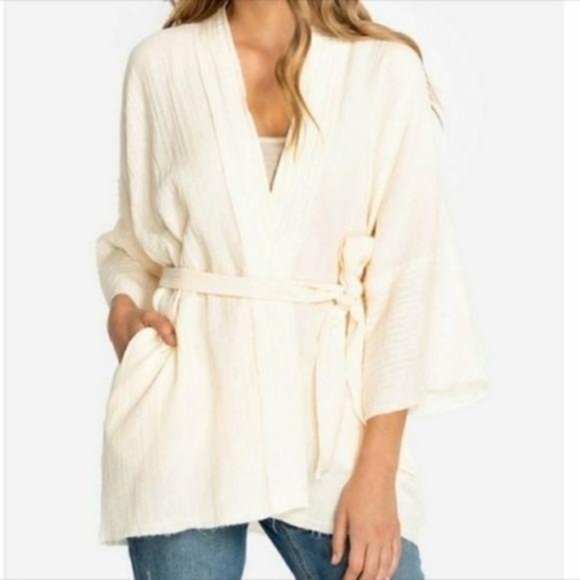 Johnny Was Calme Gauze Short Belted Kimono Cream